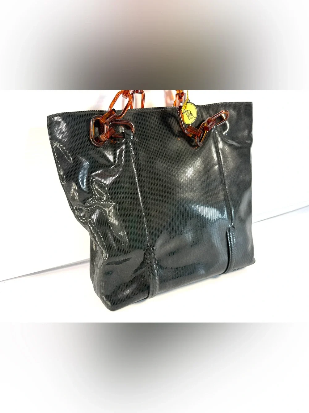 Aleda Patent Black Tote with Tortoise Lucite Chain Straps